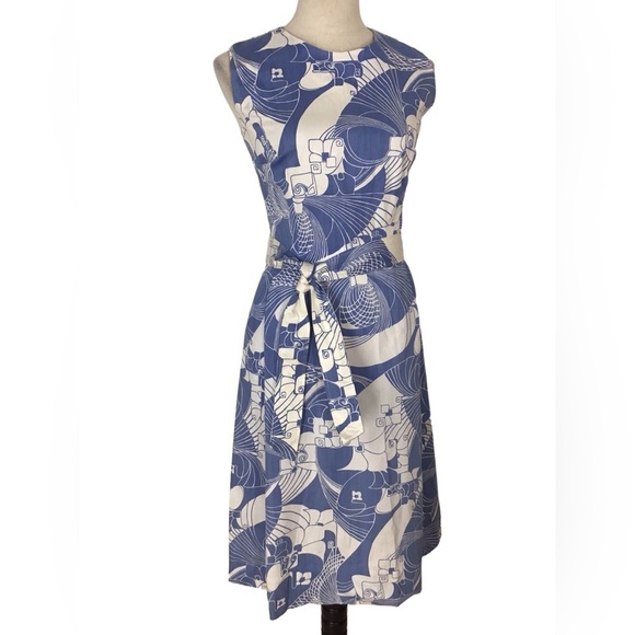 Vintage Tal Saunders Sleeveless Geometric Pattern Belted Midi Sheath Dre… - Picture 3 of 5